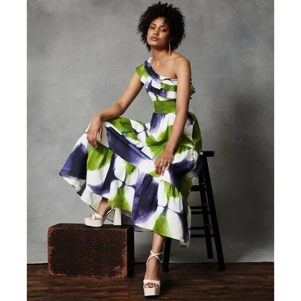 Busayo Collective Tiered Maxi Dress Size 14 One Shoulder Tie-Dye Bohemian Resort